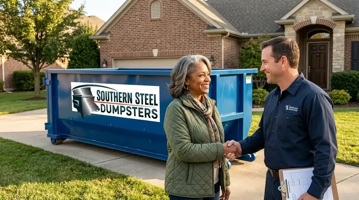 A homeowner shaking hands with a Southern Steel Dumpsters crew member beside a roll-off container