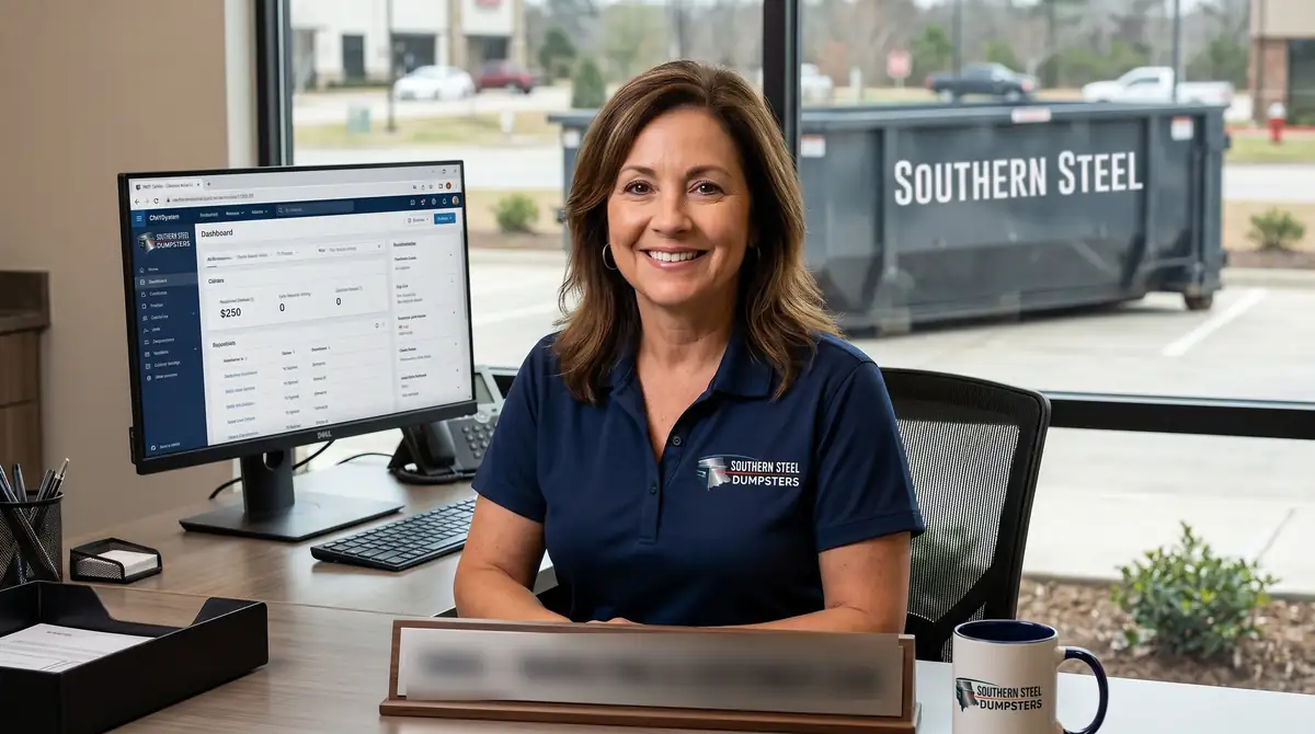 A Southern Steel Dumpsters customer-care team member at a desk in the office